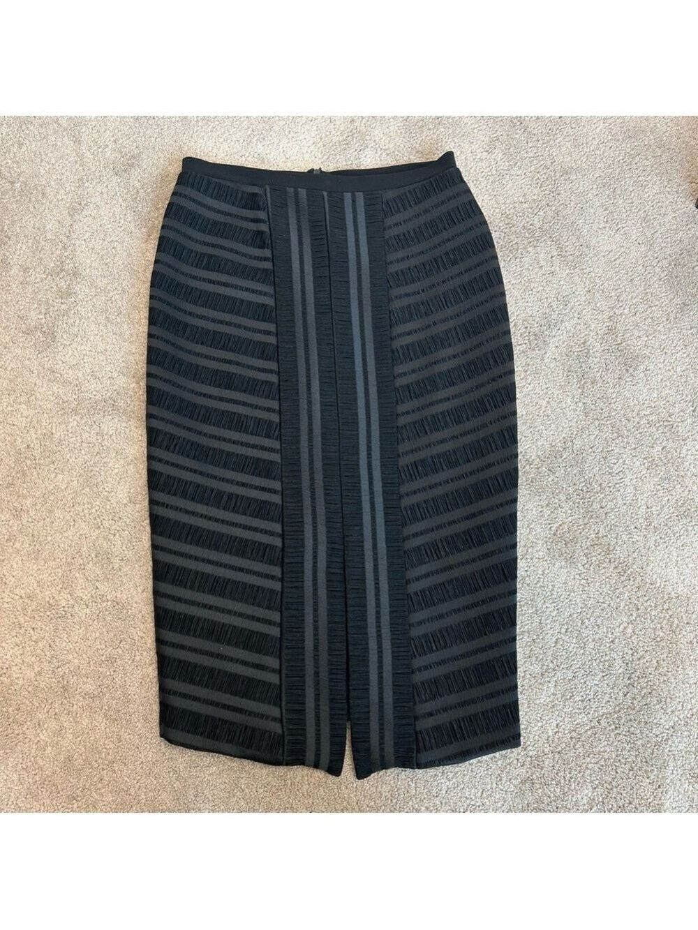 Frank Lyman black textured satin fringe pencil midi skirt Sz 8 classy elegant